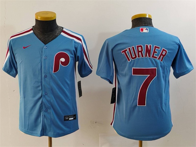 Youth Philadelphia Phillies #7 Trea Turner Blue Cool Base Stitched Baseball Jersey Youth Philadelphia Phillies #7 Trea Turner Blue Cool Base Stitched Baseball Jersey